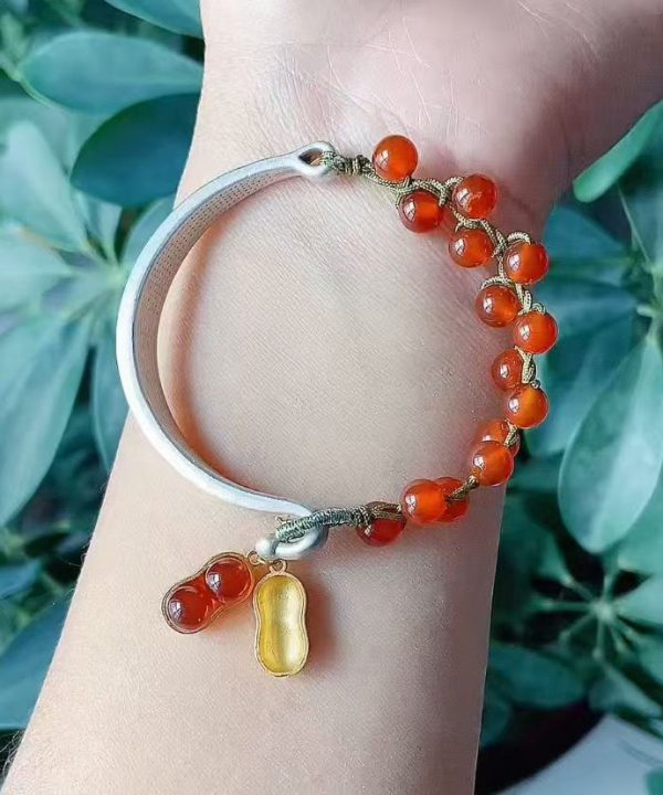 Chinese Style Red Sterling Silver Agate Peanut Charm Bracelet Sale