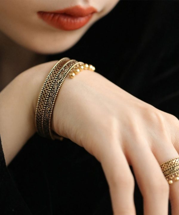 Retro Gold Ancient Dharma Gold Tassel Patchwork Hollow Out Bangle For Cheap - Image 3
