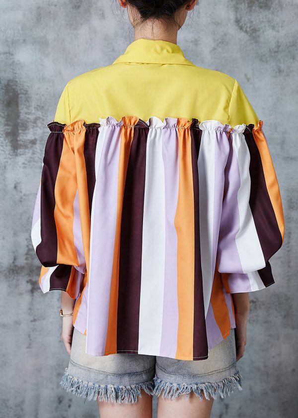 Boutique Colorblock Striped Ruffled Patchwork Cotton Shirt Tops Fall on Sale - Image 4