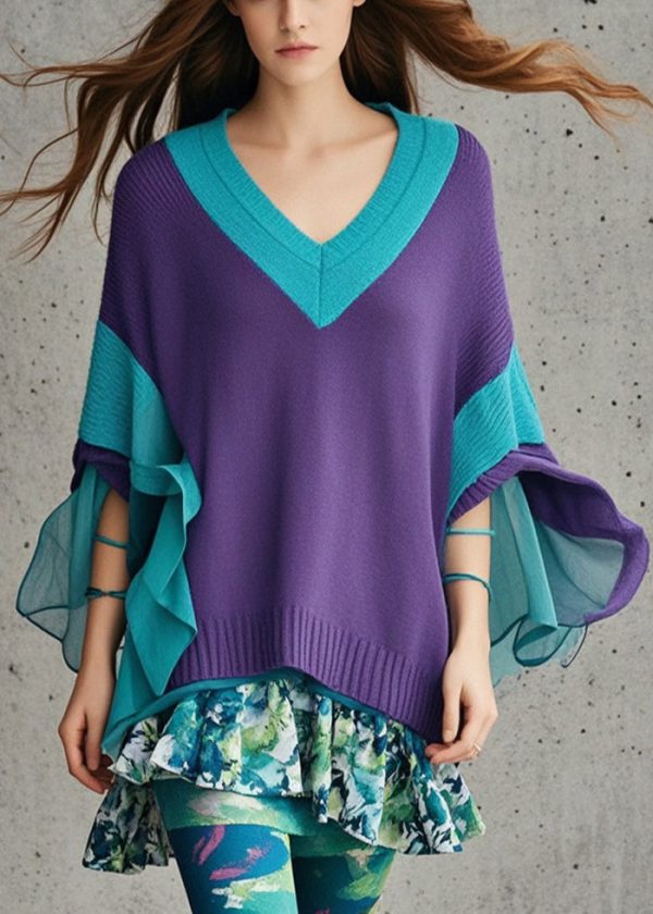 DIY Dull Purple V Neck Patchwork Tulle Sweater Fall Discount - Image 5