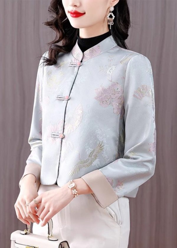 Jacquard Light Blue Stand Collar Button Cotton Coats Fall For Cheap - Image 4
