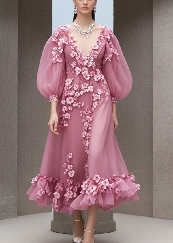 Women Rose V Neck Three-dimensional Floral Chiffon Dress Fall on Sale