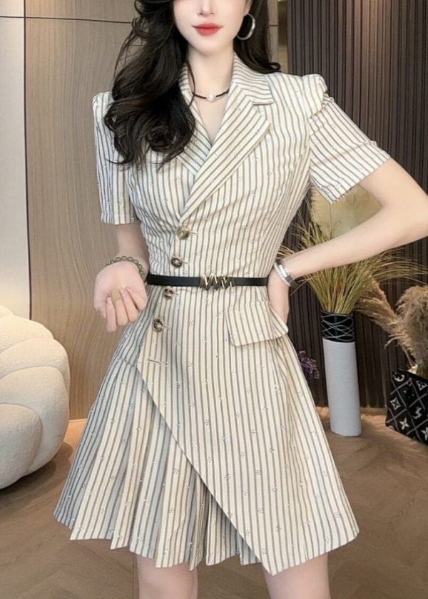 French Khaki Striped Asymmetrical Cotton Mid Dress Summer Supply - Image 4