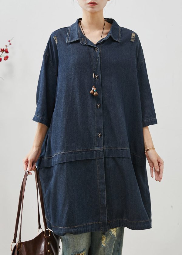 Unique Navy Oversized Patchwork Denim Ripped Coat Outwear Fall Online - Image 2