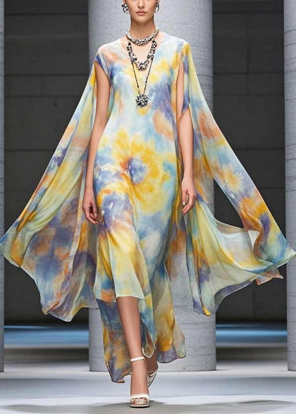 Casual Yellow Asymmetrical Tie Dye Chiffon Beach Dress Summer Sale - Image 5