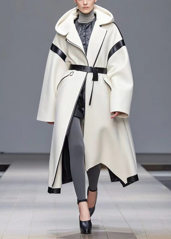 Casual White Tie Waist Patchwork Woolen Hoodie Coat Fall For Cheap - Image 5