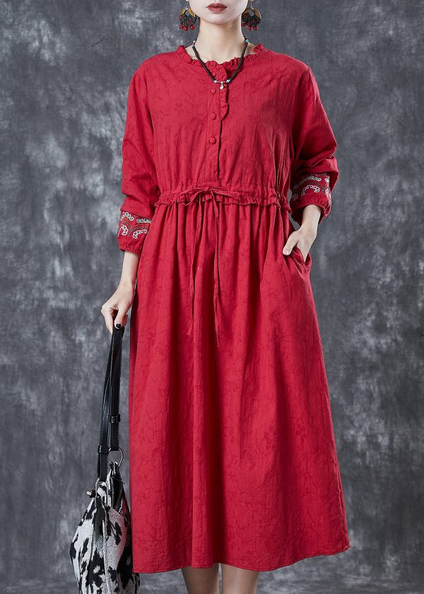 Vintage Red Embroidered Jacquard Cotton Cinched Dresses Fall on Sale - Image 2