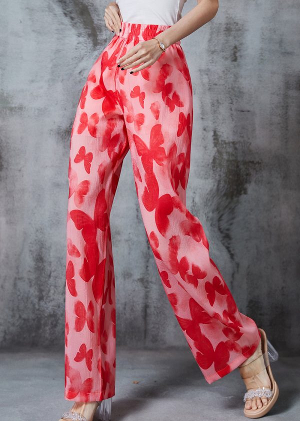 Bohemian Red Print Silk Straight Pants Summer Supply