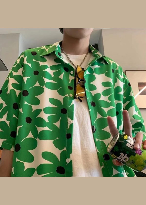 Boutique Green Peter Pan Collar Print Men Hawaiian Shirts Summer on Sale - Image 2