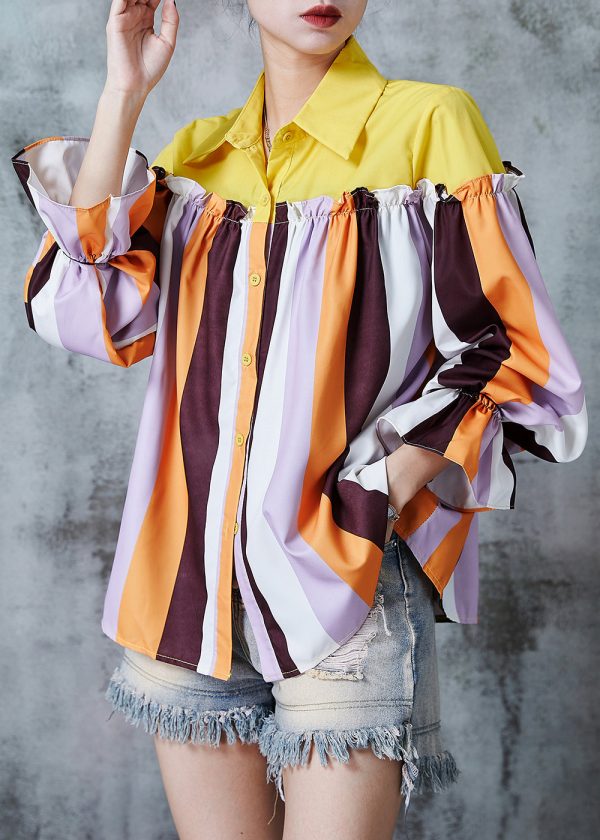 Boutique Colorblock Striped Ruffled Patchwork Cotton Shirt Tops Fall on Sale - Image 3