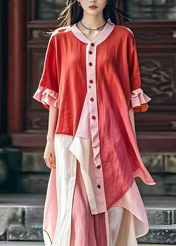Art Red V Neck Asymmetrical Patchwork Maxi Dress Butterfly Sleeve Online Sale - Image 3