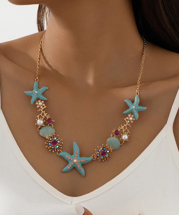 Fashion Blue Sterling Silver Overgild Enamel Zircon Shell Pearl Pendant Necklace Supply