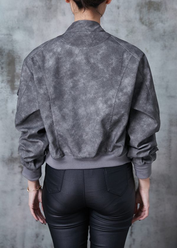 Modern Grey Zip Up Tie Dye Faux Leather Jacket Fall Supply - Image 4