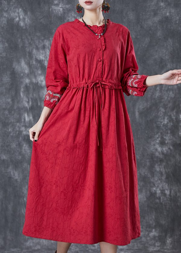 Vintage Red Embroidered Jacquard Cotton Cinched Dresses Fall on Sale