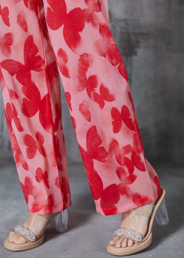 Bohemian Red Print Silk Straight Pants Summer Supply - Image 5