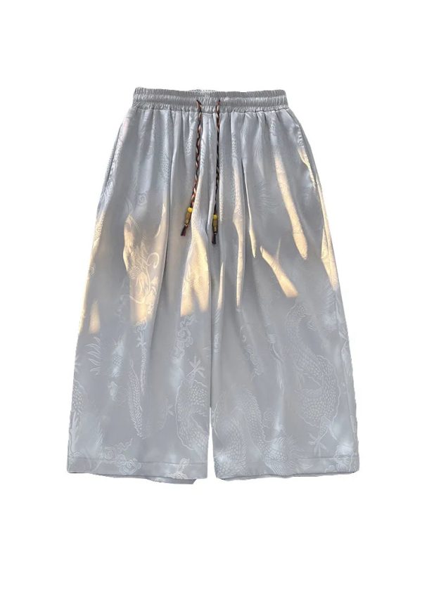 Boutique Grey Pockets Oriental Print Ice Silk Mens Crop Pants Summer Online Hot Sale - Image 5