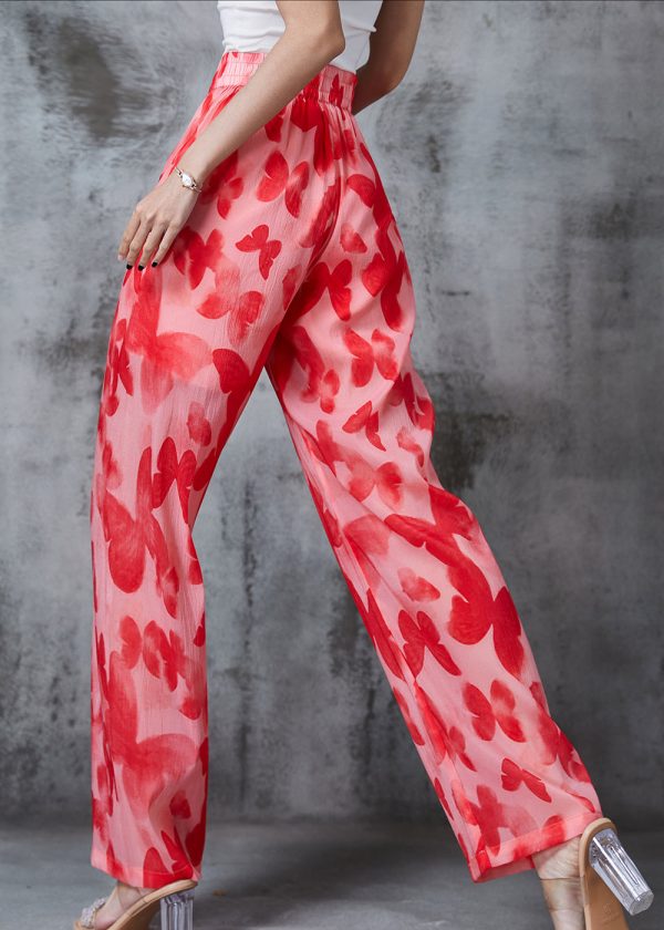 Bohemian Red Print Silk Straight Pants Summer Supply - Image 4
