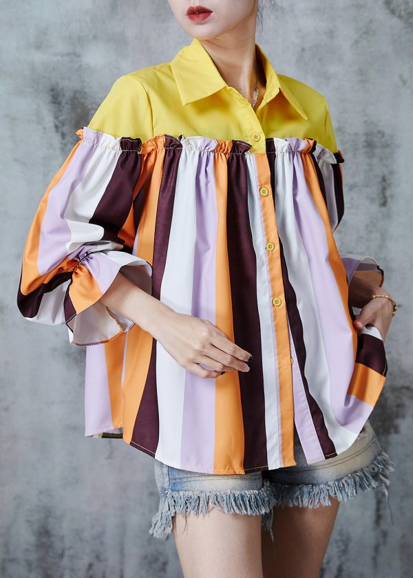 Boutique Colorblock Striped Ruffled Patchwork Cotton Shirt Tops Fall on Sale