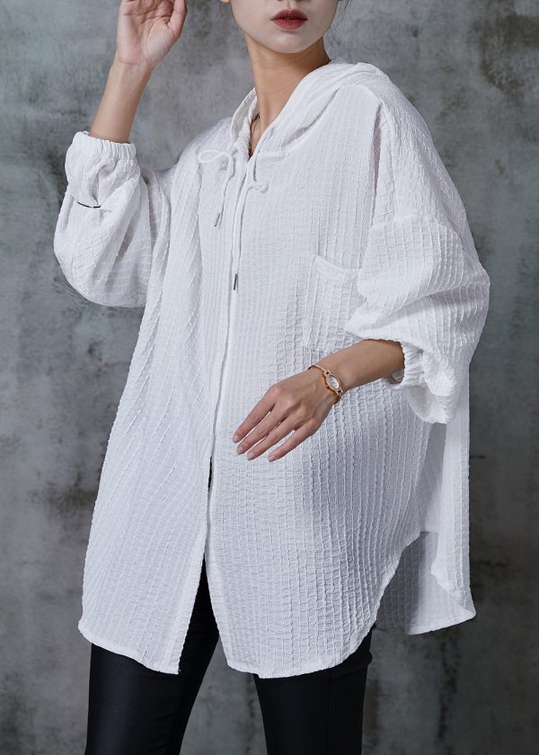 White Striped Cotton Shirt Top Hooded Summer Hot on Sale - Image 3