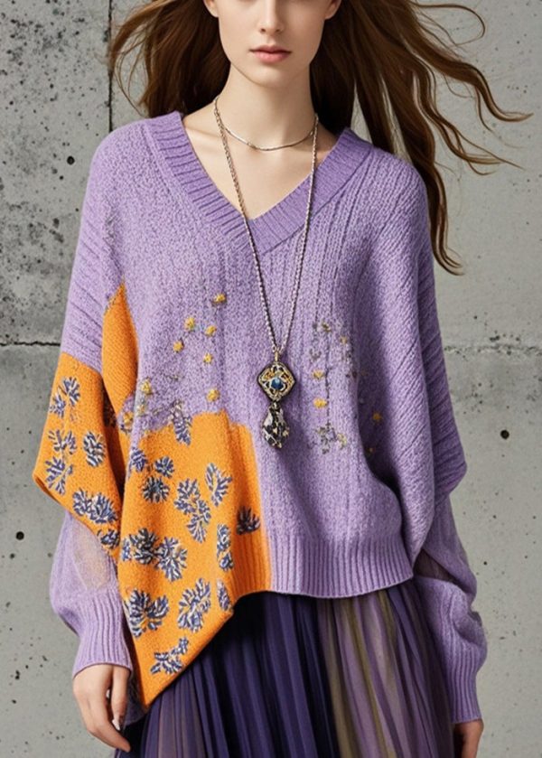 Fashion Purple Asymmetrical Print Knit Loose Sweater Fall Supply - Image 3