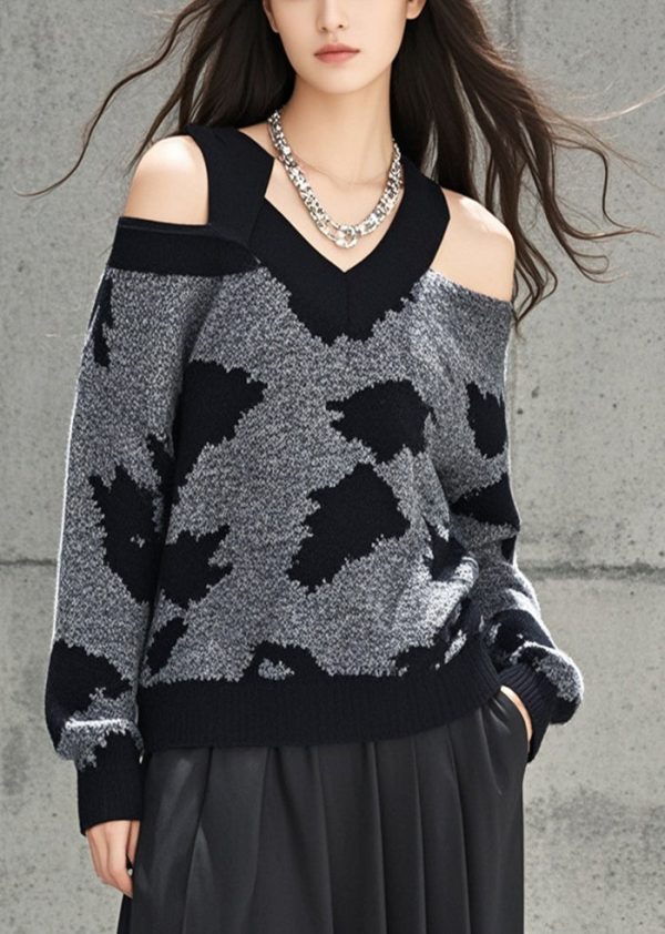 Beautiful Grey Cold Shoulder Jacquard Knitted Tops Fall Online Hot Sale