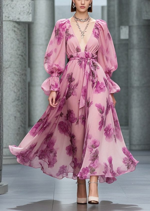 Diy Pink Deep-V Neck Print Chiffon Vacation Dresses Fall Online Sale - Image 5