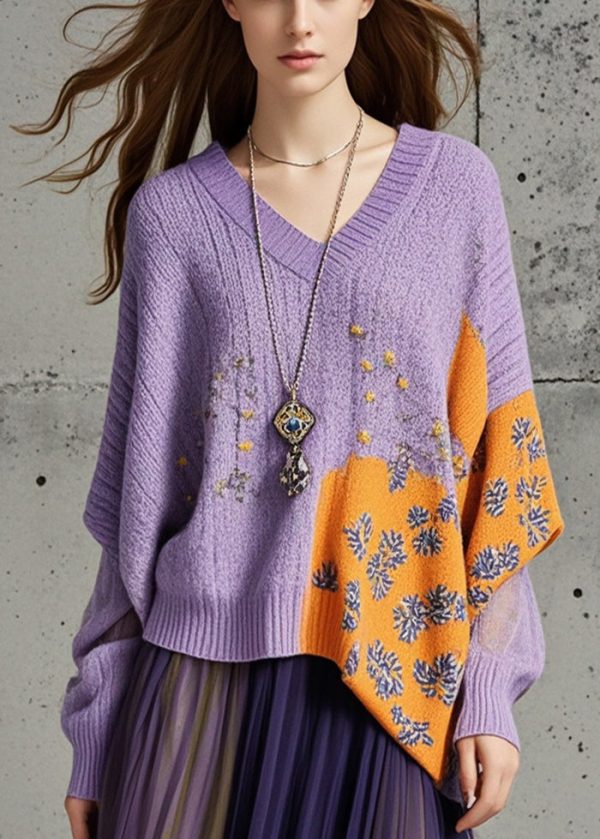 Fashion Purple Asymmetrical Print Knit Loose Sweater Fall Supply - Image 5