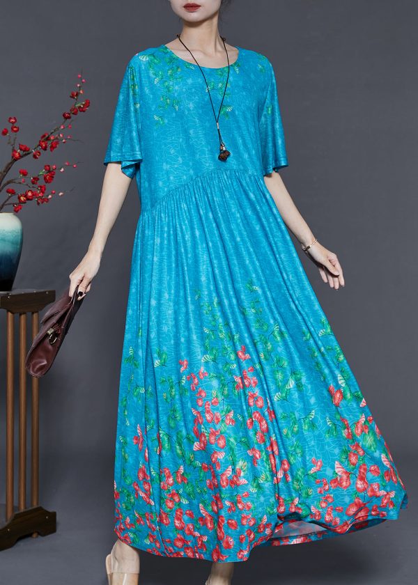 Blue Print Silk Holiday Dress Exra Large Hem Summer For Cheap - Image 3