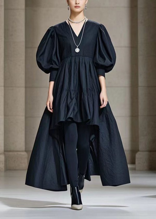 Casual Black Puff Sleeve Low High Design Cotton Maxi Dress Online - Image 5