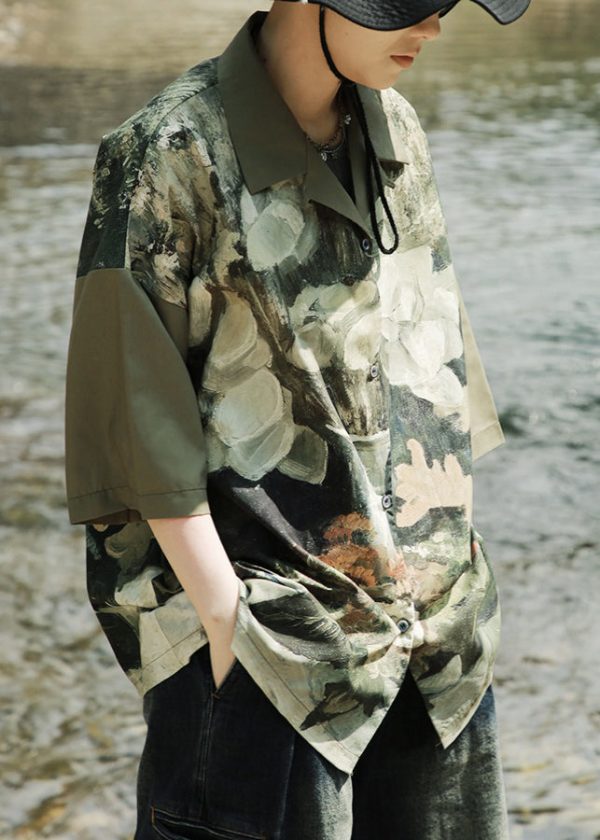 Army Green Cuban Collar Retro Floral Men s Shirt Short Sleeved Online now - Image 5