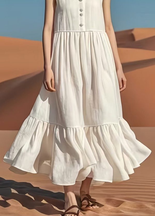 Vintage White V Neck Patchwork Cotton Long Dresses Summer For Cheap - Image 4