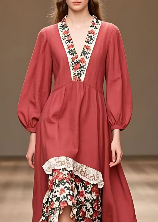 Organic V Neck Print Patchwork Long Dresses Long Sleeve For Sale - Image 3