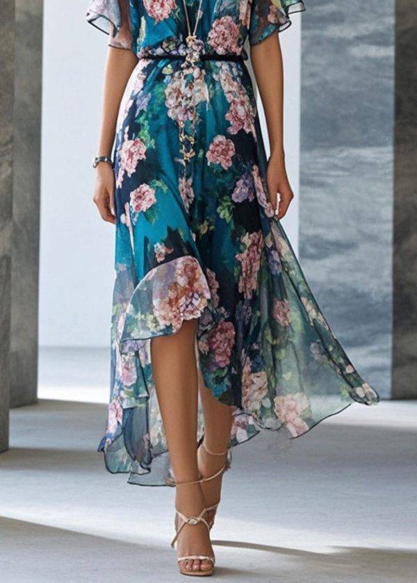 Style Peacock Blue Print Chiffon Party Dress Summer Sale - Image 4