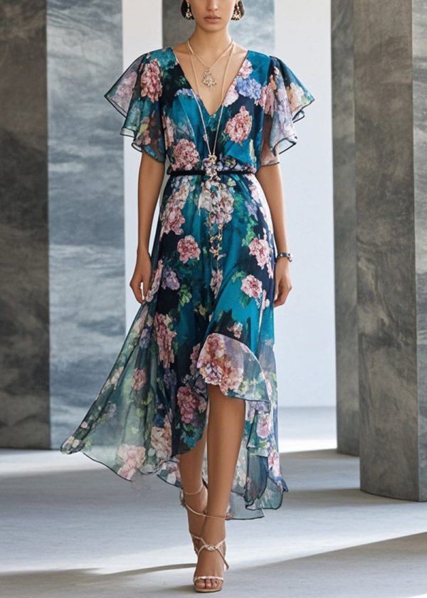 Style Peacock Blue Print Chiffon Party Dress Summer Sale - Image 3