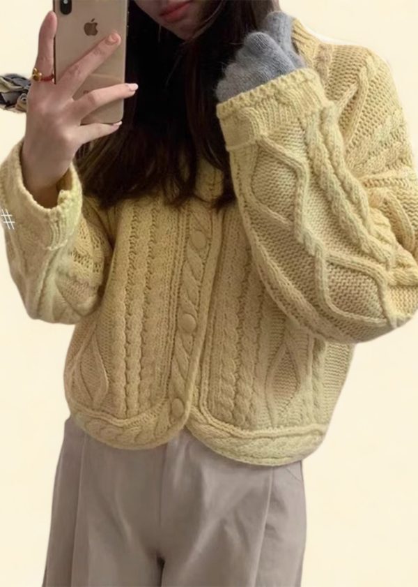 Art Yellow O-Neck Button Cozy Knit Cardigans Fall For Sale - Image 4