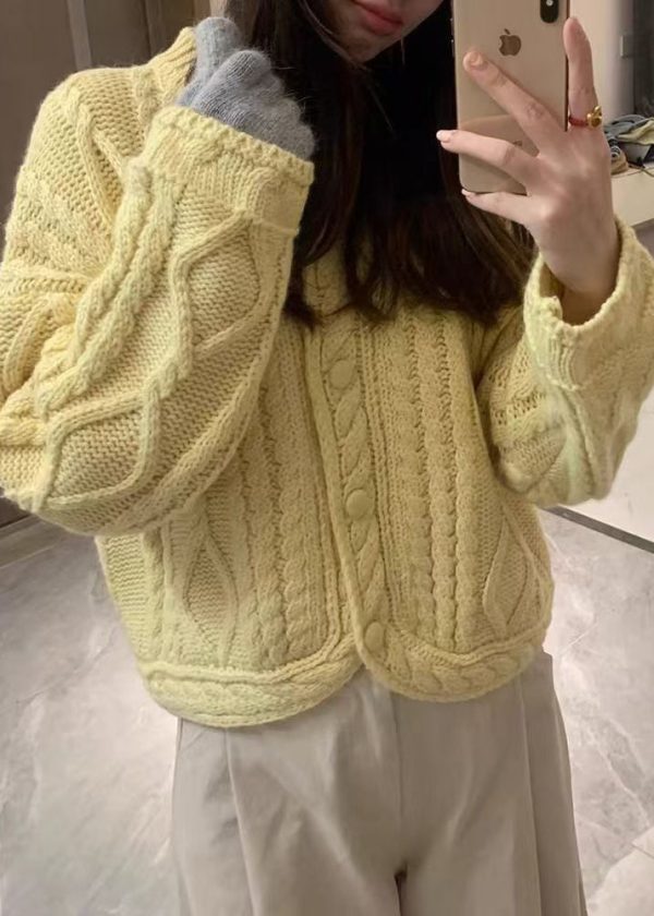 Art Yellow O-Neck Button Cozy Knit Cardigans Fall For Sale - Image 2