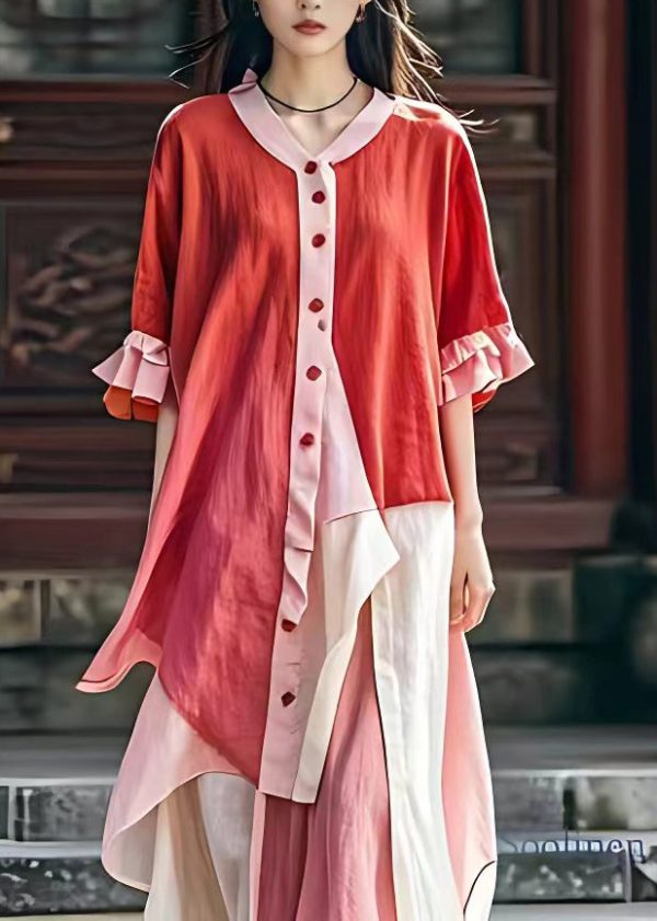 Art Red V Neck Asymmetrical Patchwork Maxi Dress Butterfly Sleeve Online Sale