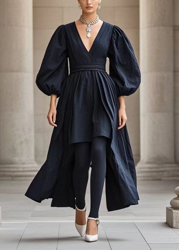 French Black V Neck Asymmetrical Cotton Dress Puff Sleeve Online - Image 5