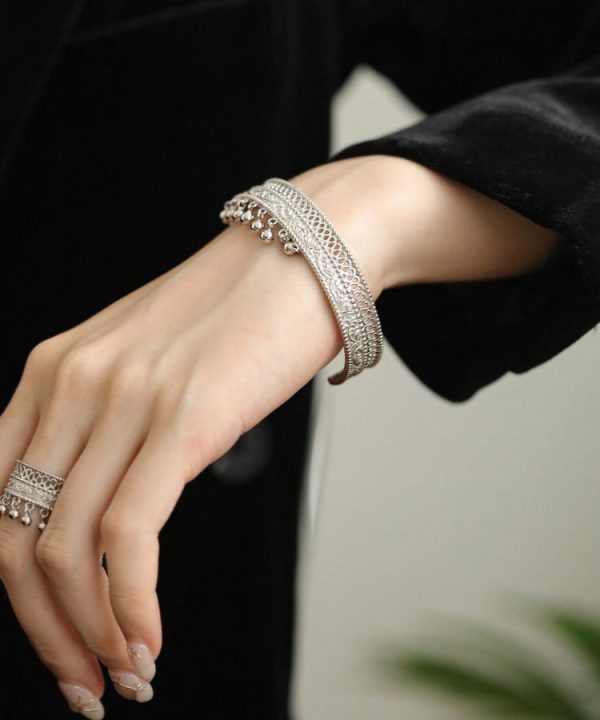 Retro Gold Ancient Dharma Gold Tassel Patchwork Hollow Out Bangle For Cheap - Image 2