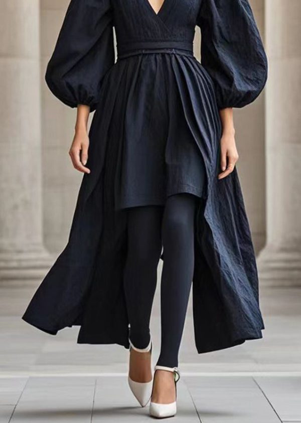 French Black V Neck Asymmetrical Cotton Dress Puff Sleeve Online - Image 4