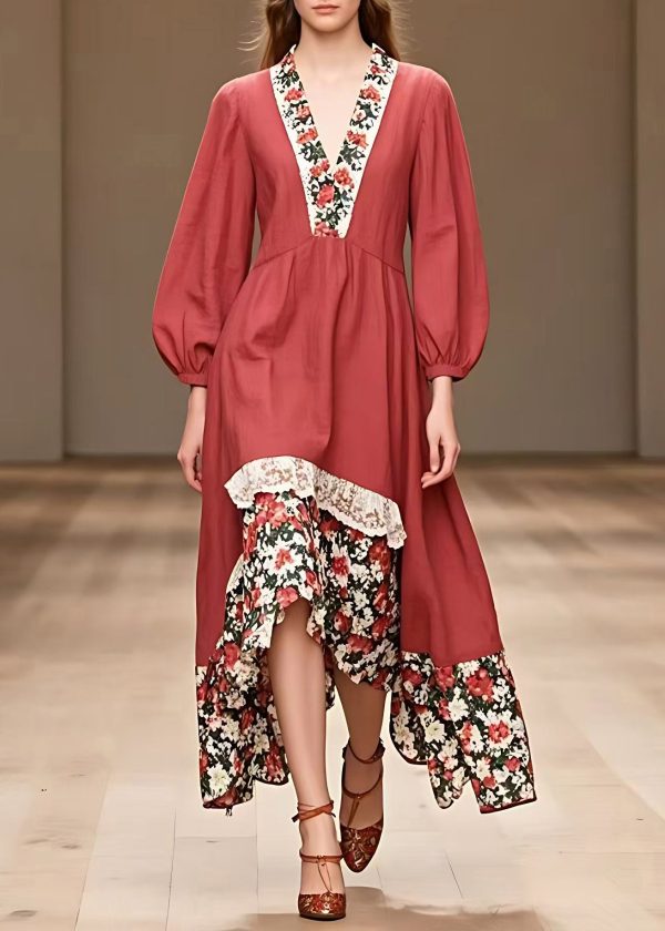 Organic V Neck Print Patchwork Long Dresses Long Sleeve For Sale