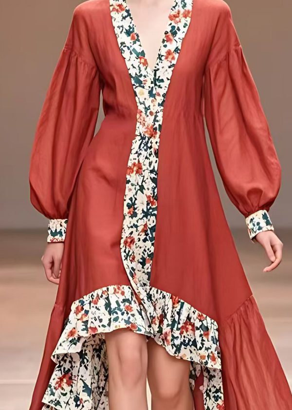 Fashion Red Print Asymmetrical Long Dresses Fall Cheap - Image 4