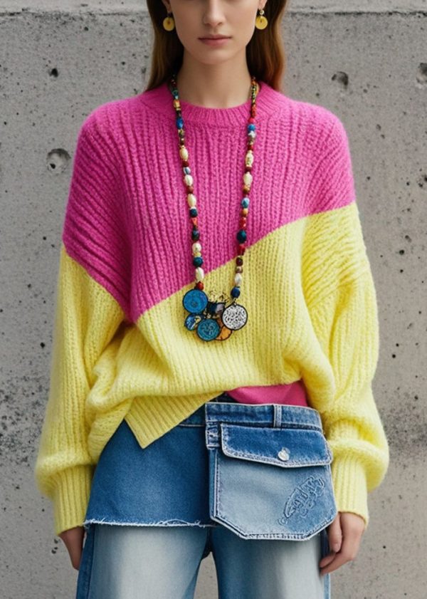 Art Colorblock Oversized Patchwork Knitted Cozy Tops Fall Sale