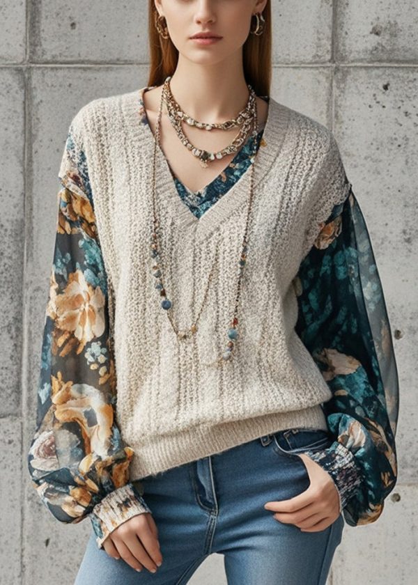 Chic Beige V Neck Patchwork Print Fake Two Piece Knit Shirts Fall on Sale - Image 3