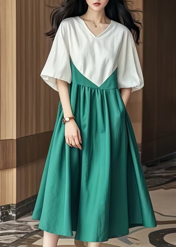 Boho Colorblock V Neck Patchwork Cotton Robe Dresses Lantern Sleeve For Discount - Image 3