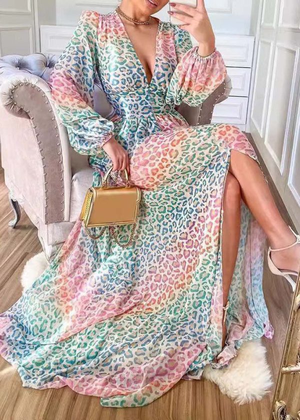 Stylish Leopard V Neck Side Open Cotton Long Dress Lantern Sleeve Online Hot Sale