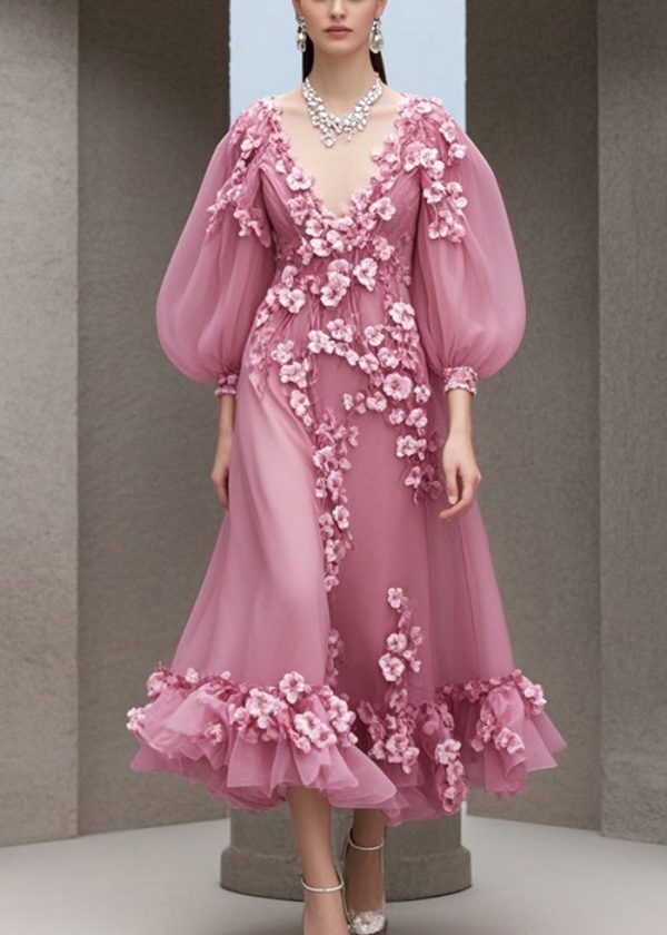 Women Rose V Neck Three-dimensional Floral Chiffon Dress Fall on Sale - Image 3