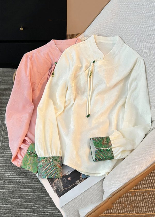Loose White Stand Collar Button Silk Shirts Fall Online now - Image 3