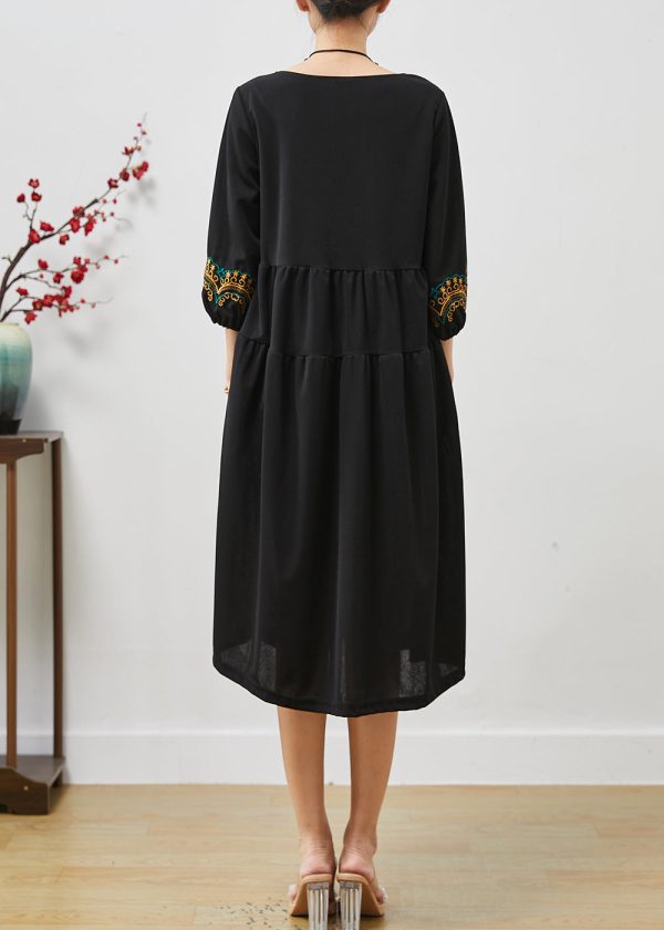 Boho Black Embroidered Oversized Robe Dresses Bracelet Sleeve Fashion - Image 4