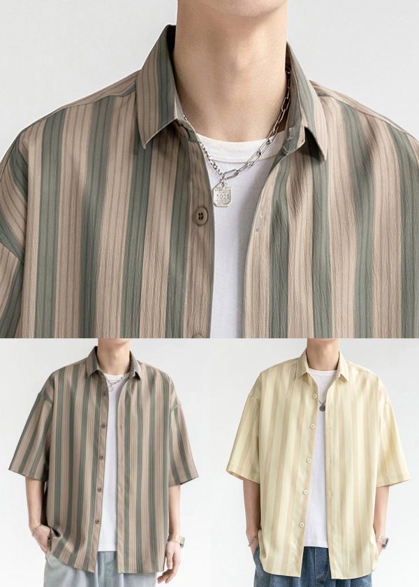 Yellow Button Cotton Mens Shirt Peter Pan Collar Summer Fashion - Image 5